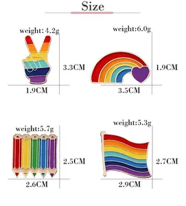 Detailed specification showing dimensions and weight for rainbow themed enamel pin badges.