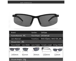 Fashion driving sunglasses size chart with detailed dimensions and 14g lightweight PC frame
