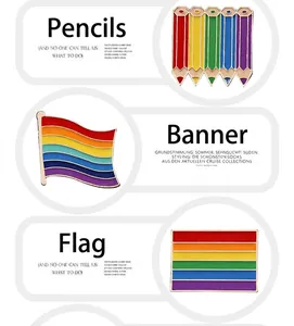 Creative rainbow striped enamel pin badges featuring pencil and flag designs for clothing