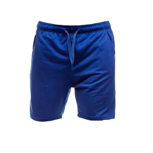 Close-up detail of blue men's sports shorts with adjustable drawstring waist