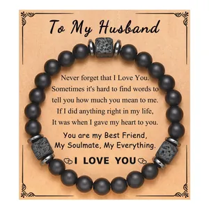 Black matte beads and lava stone bracelet for men with 'To My Husband' card gift set