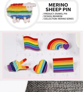 Detailed view of various rainbow striped enamel pins on a white grid background.