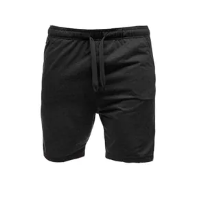 Close-up detail of black men's casual drawstring sports shorts featuring elastic waist