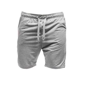 Close-up of the cotton fabric and adjustable drawstring on grey men's casual shorts