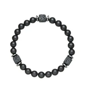 Professional men's matte black beaded bracelet with natural square lava stone accents