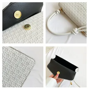 Detailed view of white woven texture and magnetic buckle on small square crossbody bag