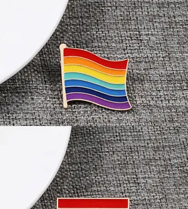 Close-up macro detail of a colorful rainbow flag enamel pin with a striped design