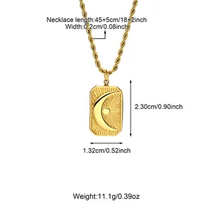 Technical detail view showing dimensions for sun and moon relief rectangular pendant necklace