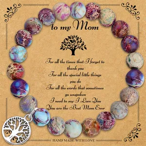Natural Stone Tree Of Life Beaded Bracelet For Women Handmade Elastic Jewelry Gift For Mom With Message Card