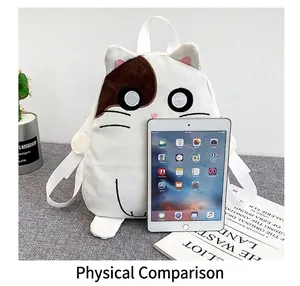 Cute cat-shaped canvas student backpack shown with a tablet for size comparison
