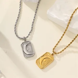 Vintage Sun Moon Relief Square Pendant Necklace Stainless Steel Embossed Celestial Charm Rope Chain For Unisex Fashion Jewelry