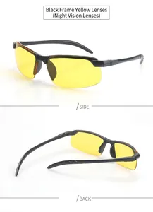 Detail view showing black frame yellow lens night vision glasses from side and back