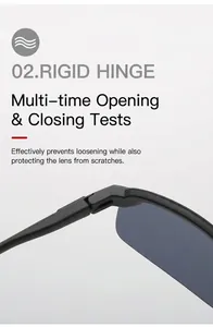 Close-up view of the sturdy rigid hinge mechanism on fashion black frame sunglasses.