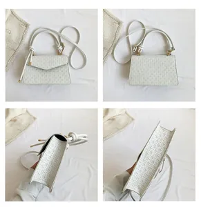 Detailed four-angle views of a white retro square shoulder bag with woven texture