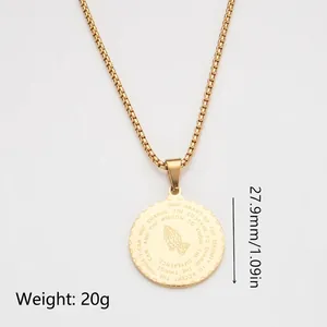 Detailed gold stainless steel praying hands pendant necklace with 27.9mm size detail.