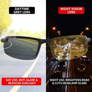 Fashionable day and night driving sunglasses shown with day and night lens comparison