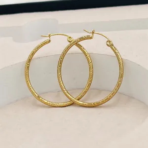 Romantic 24K gold plated large hoop earrings with striped texture for women