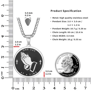 Product specification for praying hands necklace with dimensions and material.