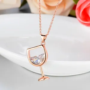 Elegant rose gold necklace featuring a sparkling zircon wine glass pendant for weddings.