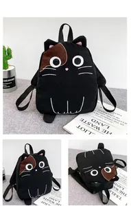 Detailed views of a cute black cat canvas backpack with embroidered whiskers and ears