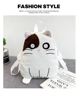 Detailed view of cute cat-shaped canvas backpack for girls with embroidered facial features.