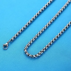 Close-up of durable stainless steel round box chain necklace with lobster clasp