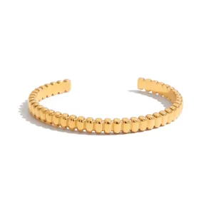 Gold plated stainless steel ribbed cuff bracelet for women jewelry