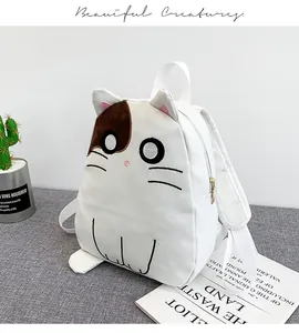 Cute white cat-shaped canvas backpack with embroidered whiskers for school girls