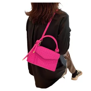 Stylish magenta embossed small square handbag with retro shoulder strap for women