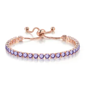 Detailed view of rose gold adjustable bracelet with 4mm purple round zirconia