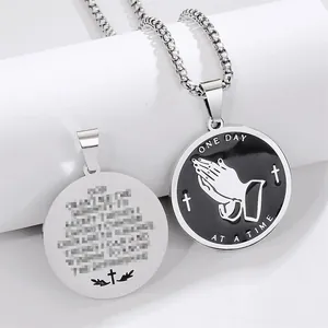 Religious praying hands stainless steel round pendant necklace with One Day at a Time text