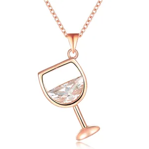 Elegant rose gold wine glass necklace with sparkling zircon pendant for wedding party
