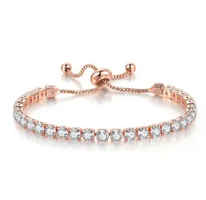 Rose gold adjustable tennis bracelet with 4mm round cubic zirconia stones