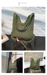 Detailed views of a green bohemian fringe tote bag featuring elegant sun embossing.