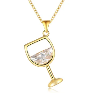 Elegant gold wine glass necklace with sparkling teardrop zircon for evening parties