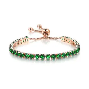 Rose gold adjustable tennis bracelet featuring sparkling 4mm round green stones