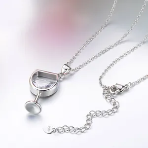 Elegant silver wine glass pendant necklace with sparkling clear zircon for wedding party