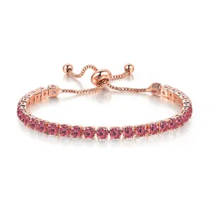 Detail shot of rose gold adjustable sliding bracelet with 4mm pink cubic zirconia