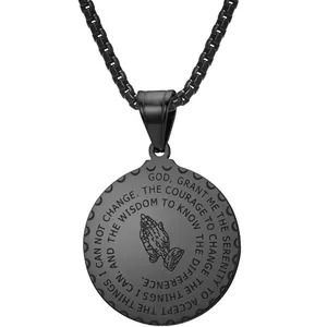 Black stainless steel round pendant necklace with engraved praying hands and prayer.