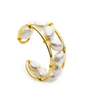 Exaggerated handmade baroque pearl open cuff bracelet with 18K gold plated metal