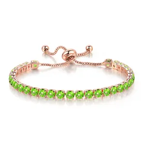Detail of rose gold adjustable bracelet with 4mm round green zircons.