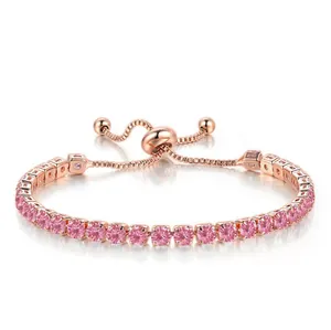 Detailed close-up of adjustable rose gold bracelet with 4mm pink cubic zirconia stones