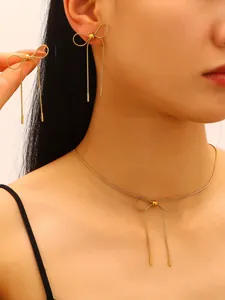 Elegant gold plated stainless steel bow earrings and pendant choker necklace jewelry set