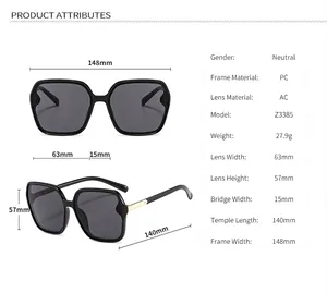 Detaillierte Maße und Merkmale der übergroßen quadratischen Sonnenbrille mit UV400-Schutz.