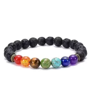 7-Chakra natural lava stone beaded bracelet for men, spiritual yoga healing jewelry