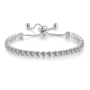 Close-up detail of silver adjustable bolo bracelet with 4mm round cubic zirconia stones