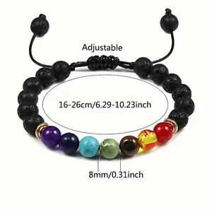 Adjustable 8mm natural lava stone chakra beaded bracelet with 16-26cm adjustable length