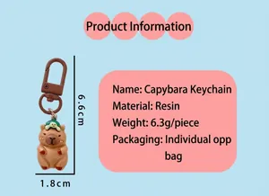 Detailed product info for a cute resin capybara keychain with size and weight specs