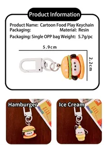 Detail view of cute cartoon resin keychain charms in burger and ice cream designs with size specs