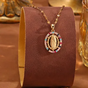 Exquisite close-up of retro Virgin Mary pendant necklace with colorful zircon stones.